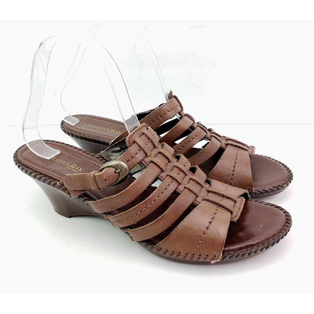 St Johns Bay Carmelita Womens Size 10 Brown Leather Slip On Slide Wedge Sandals